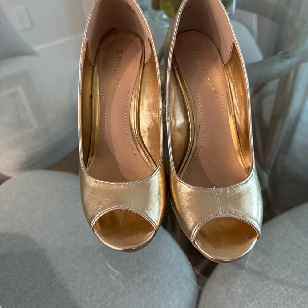 BAMBOO Shimmering Gold Peep-Toe Heels